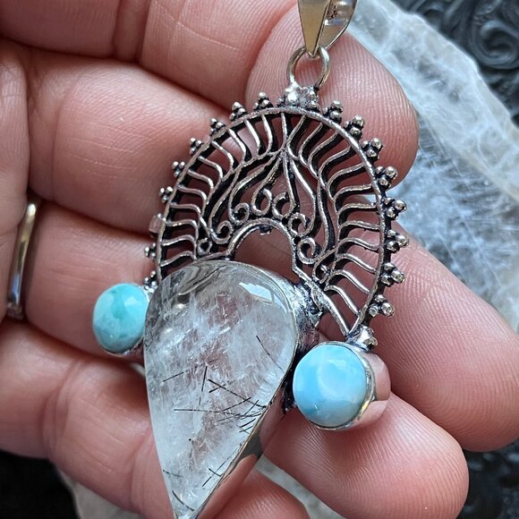 Larimar and Tourmalinated Quartz Boho Pendant - Picture 7 of 8